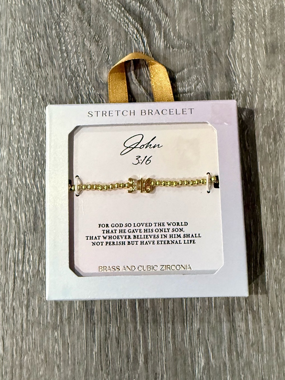 NES John 3:16 Religious Stretch Bracelet Brass Gold w/ White Cubic Zirconia